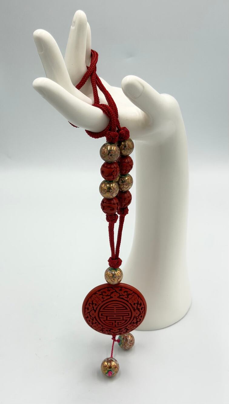 Vintage Chinese Gilded Accent Beads Cinnabar Medallion Pendant Braided Silk Cord
